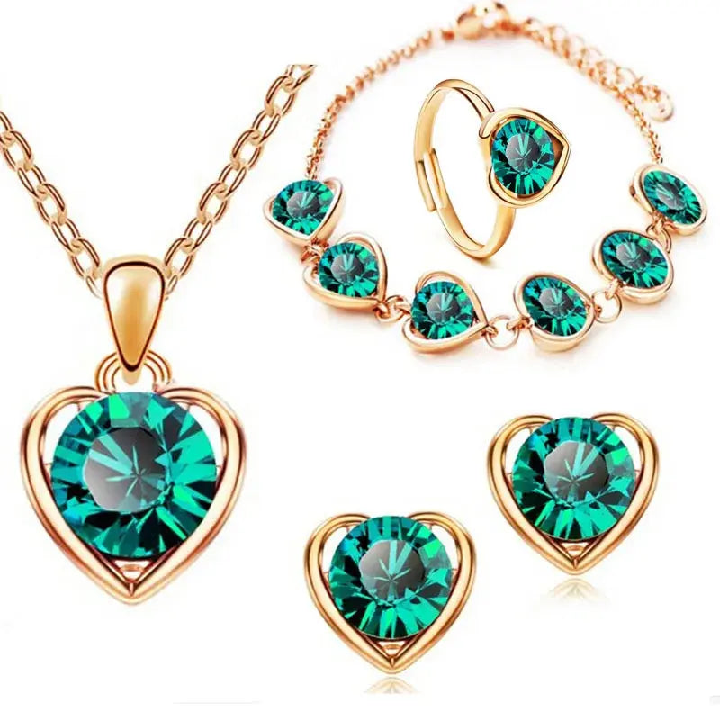 Crystal Heart Bridal Jewelry Set – Necklace, Earrings, Ring & Bracelet Sparkling Chamber