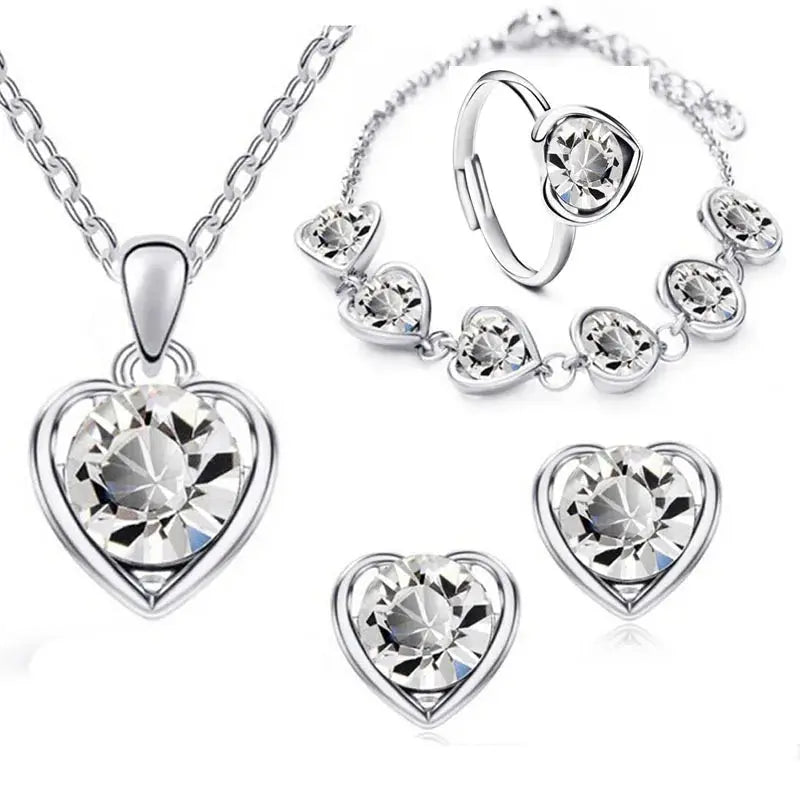 Crystal Heart Bridal Jewelry Set – Necklace, Earrings, Ring & Bracelet Sparkling Chamber