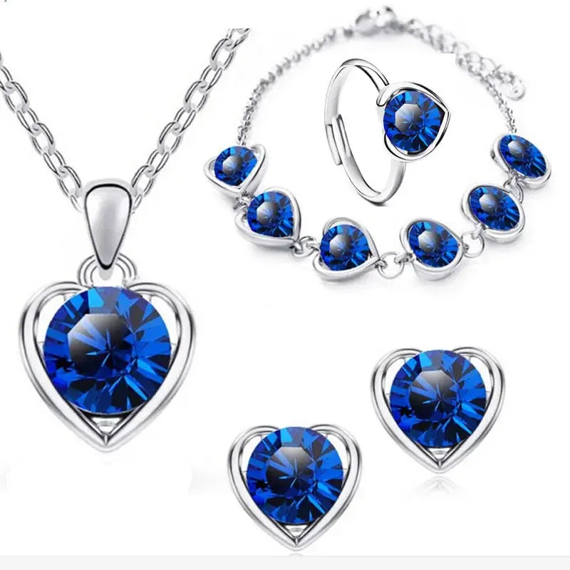 Crystal Heart Bridal Jewelry Set – Necklace, Earrings, Ring & Bracelet Sparkling Chamber