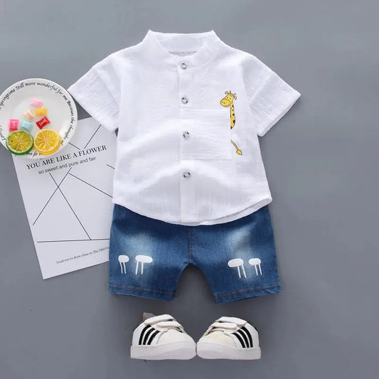 New Summer Hot Sale Toddler Boys Cartoon Shirt & Denim Shorts Set Sparkling Chamber