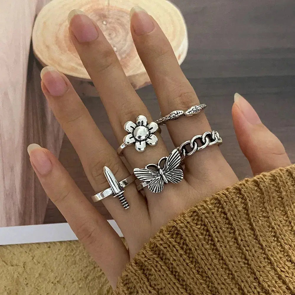 LATS 10Pcs Silver-Color Bohemian Ring Set for Women Sparkling Chamber