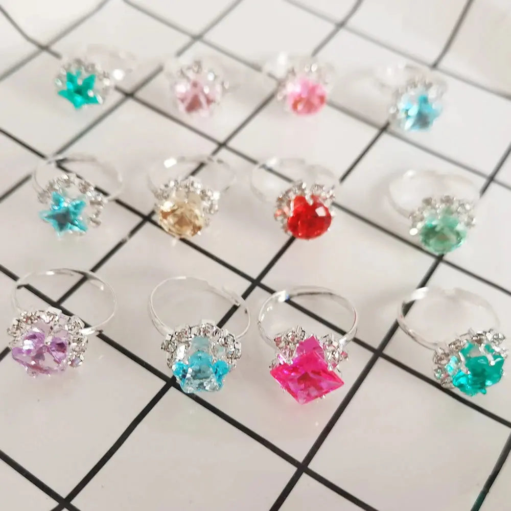 12/36PCS Adjustable Kids Crystal Rings – Heart, Star, Square Shapes Sparkling Chamber