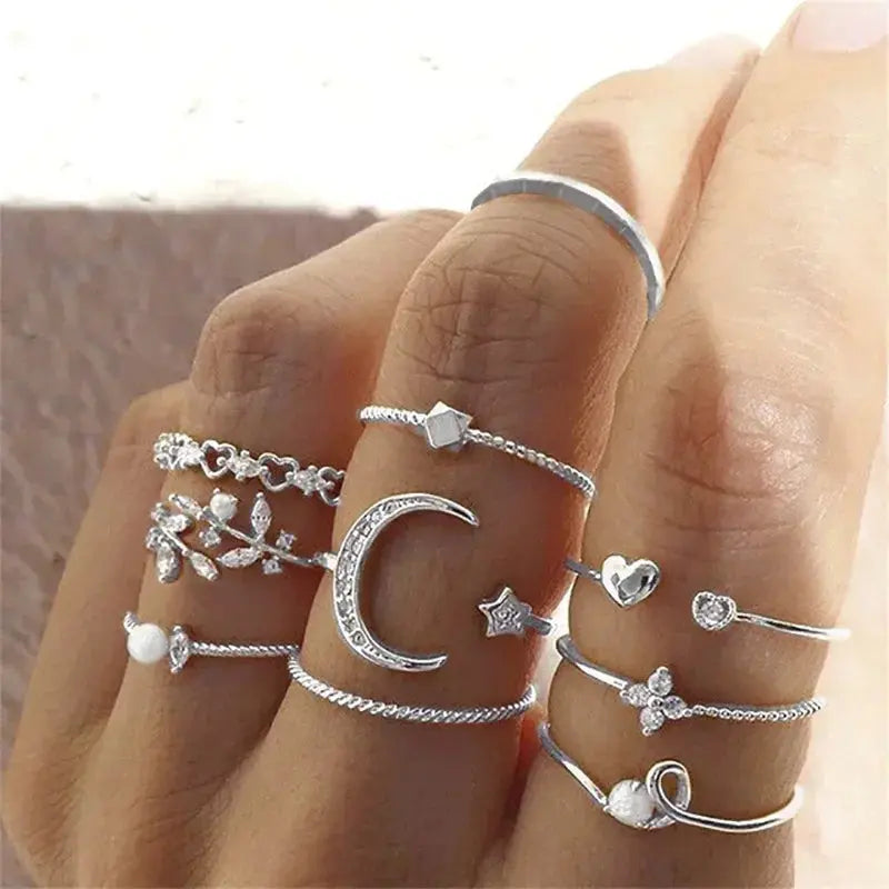 LATS 10Pcs Silver-Color Bohemian Ring Set for Women Sparkling Chamber