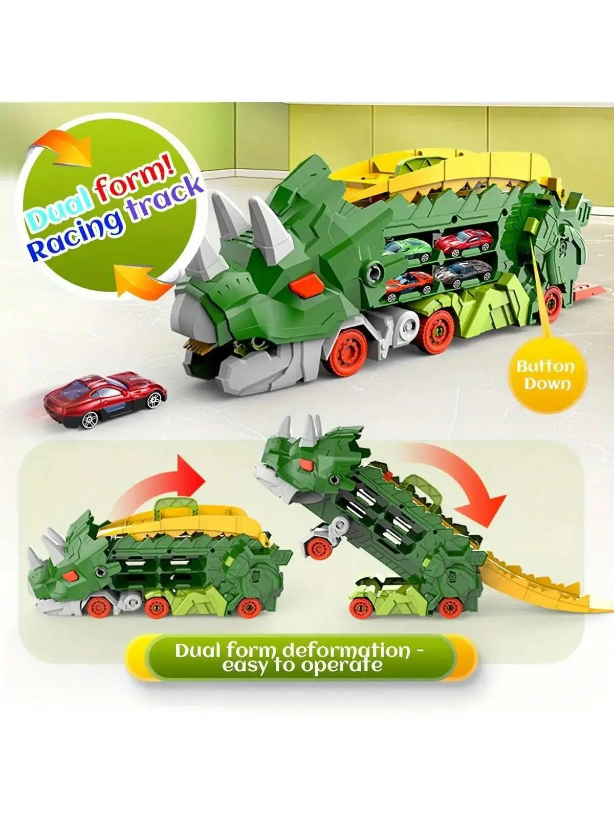 Folding Dinosaur Transporter Car Toy with 2 Die-Cast Cars Sparkling Chamber