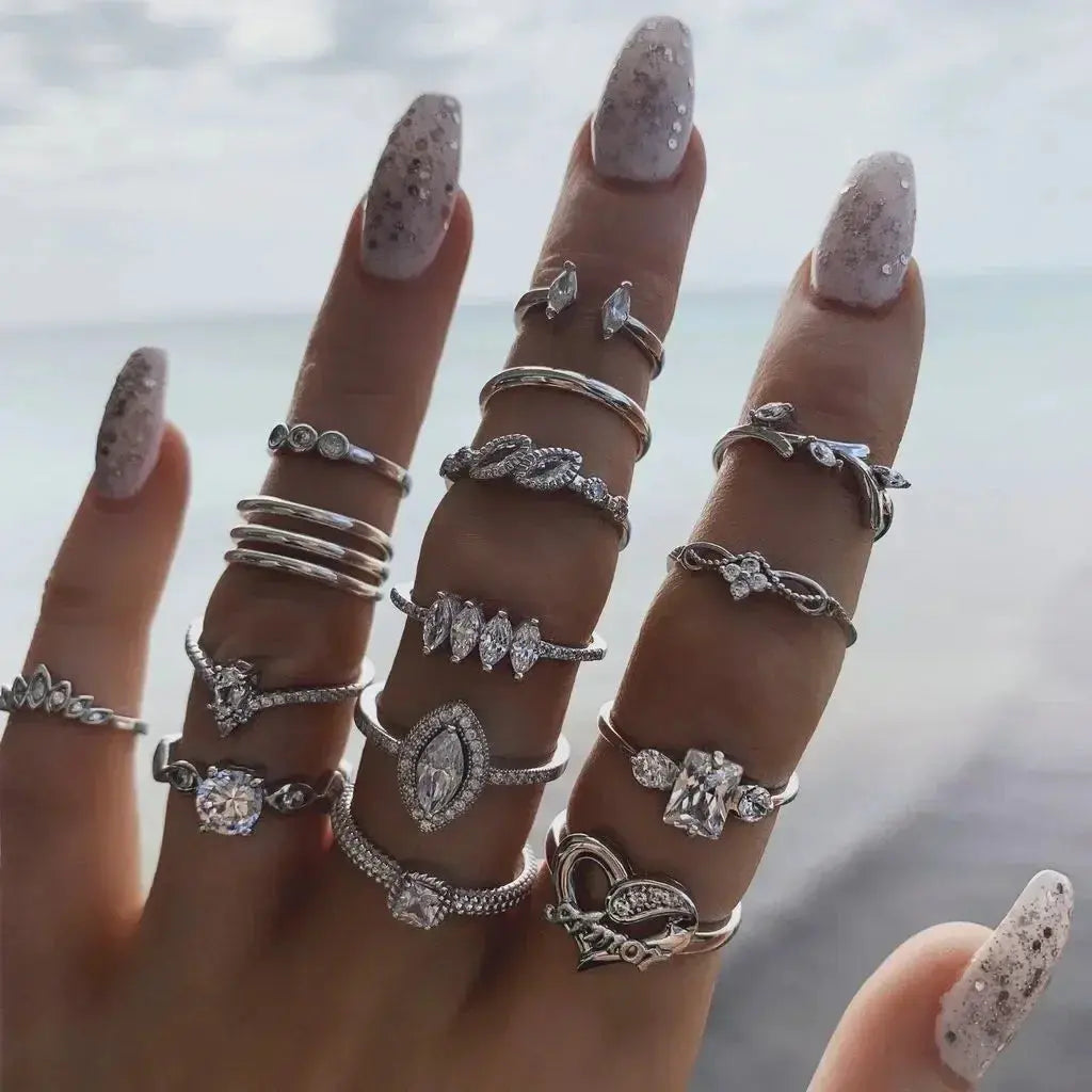 LATS 10Pcs Silver-Color Bohemian Ring Set for Women Sparkling Chamber