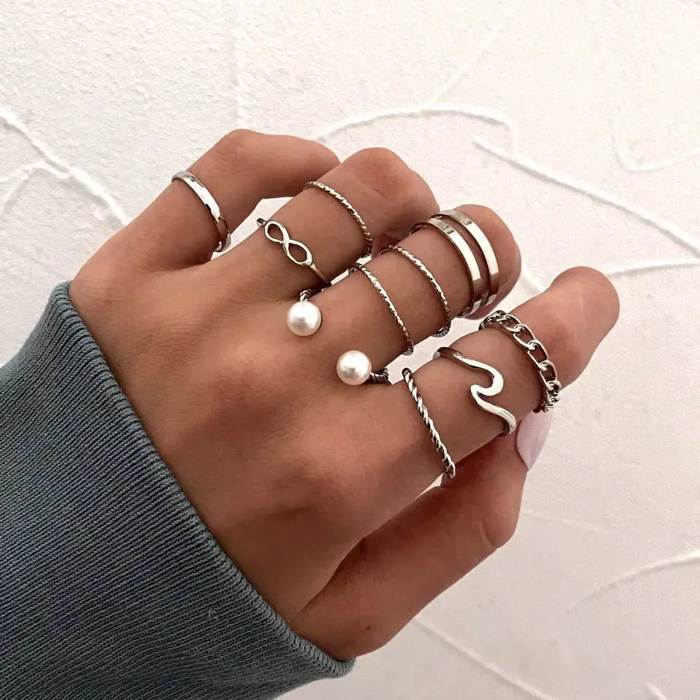 LATS 10Pcs Silver-Color Bohemian Ring Set for Women Sparkling Chamber