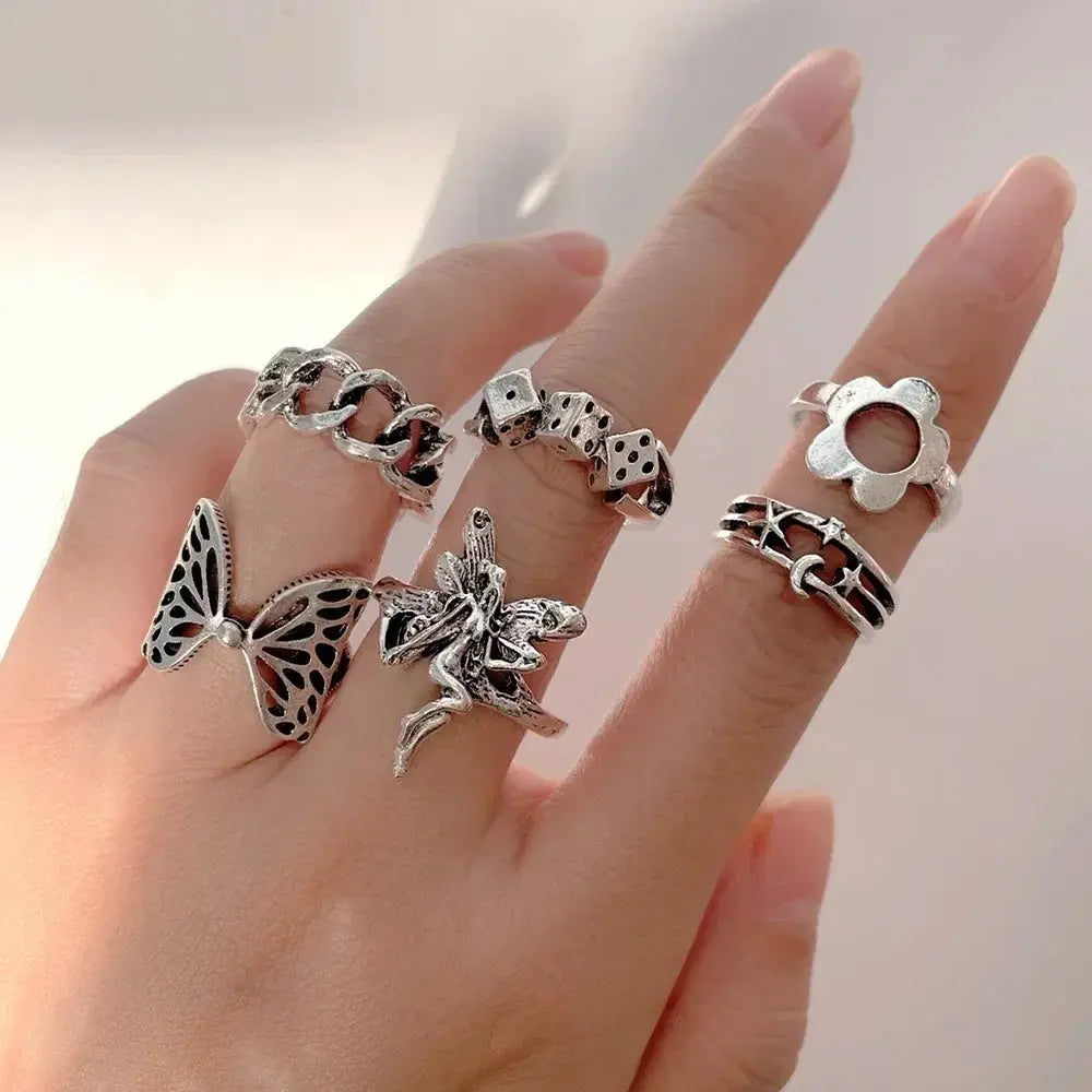 LATS 10Pcs Silver-Color Bohemian Ring Set for Women Sparkling Chamber