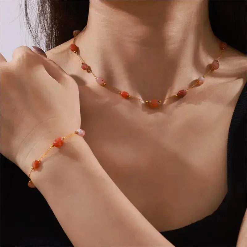 Luxury Natural Agate Stone Bead Stainless Steel Jewelry Set for Women Sparkling Chamber