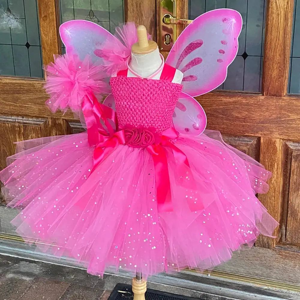 Girls Pink Glitter Tulle Fairy Dress with Wings & Accessories Sparkling Chamber