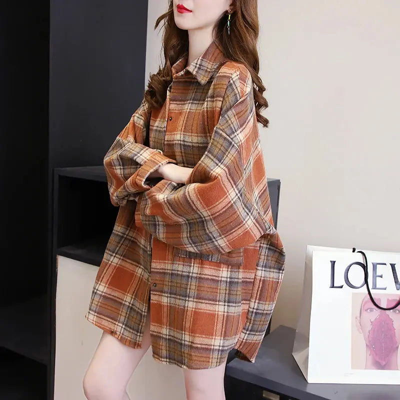 Plaid Long Sleeve Shirt for Women – Vintage Loose Fit Sparkling Chamber