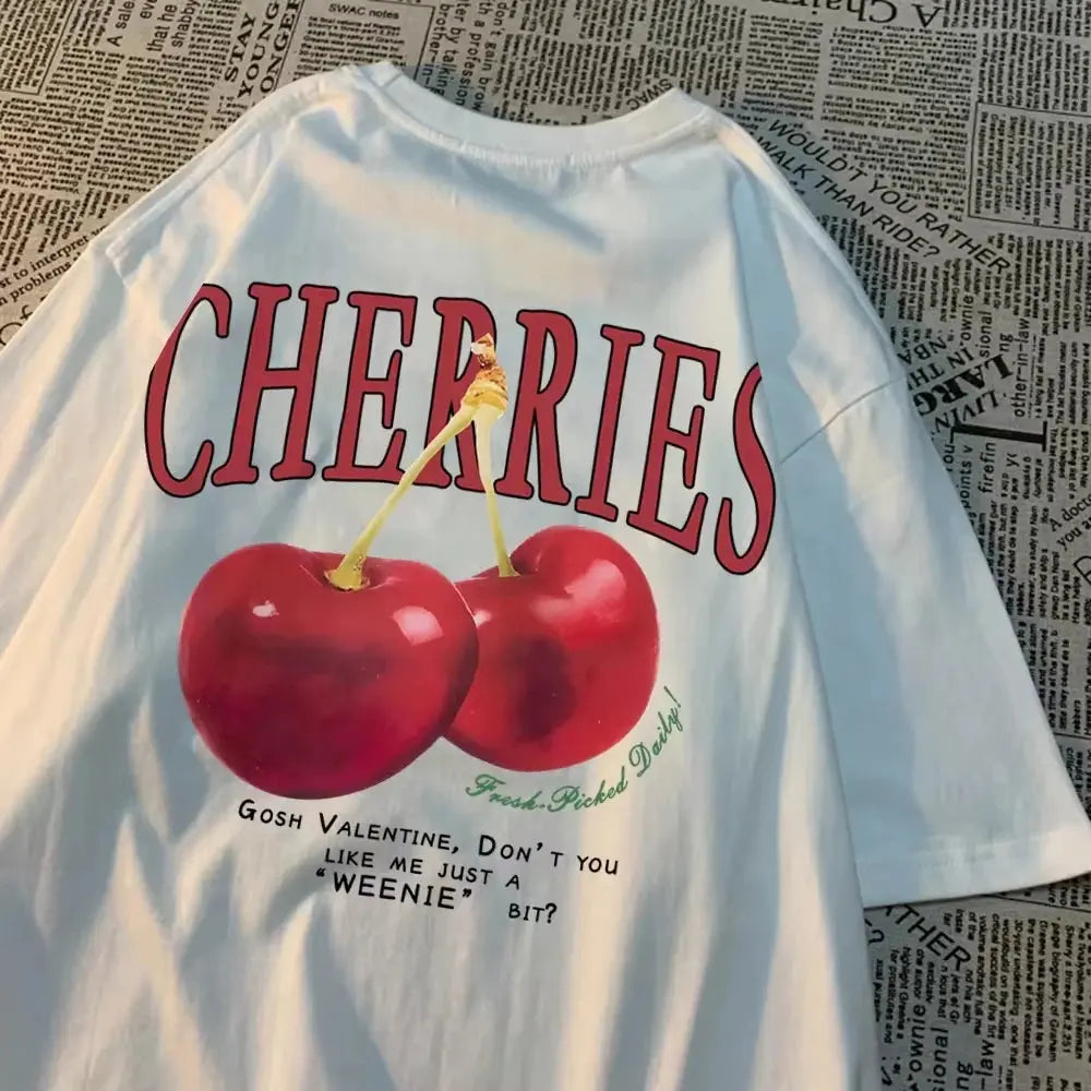 Hand-Picked Cherries Print Oversized Cotton T-Shirt Sparkling Chamber