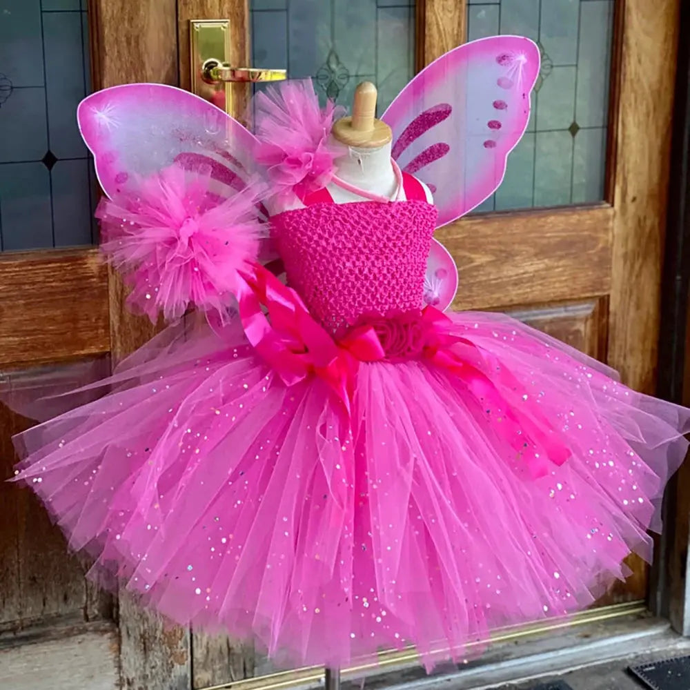 Girls Pink Glitter Tulle Fairy Dress with Wings & Accessories Sparkling Chamber