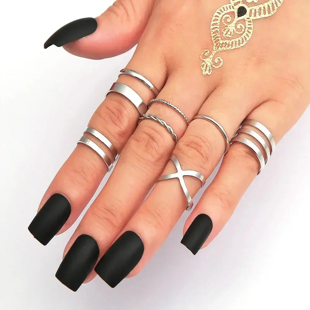 LATS 10Pcs Silver-Color Bohemian Ring Set for Women Sparkling Chamber