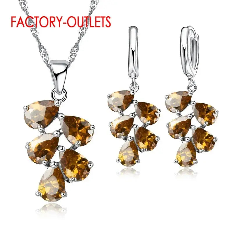 925 Sterling Silver Bridal Jewelry Set, Austrian Crystal Plant Necklace Sparkling Chamber