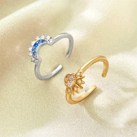 Adjustable Sun & Moon Crystal Ring Set for Women Sparkling Chamber