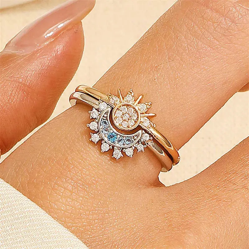 Adjustable Sun & Moon Crystal Ring Set for Women Sparkling Chamber