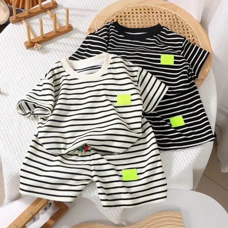 2Pcs Kids Striped Tee & Shorts Set - Black and White Summer Outfit Sparkling Chamber