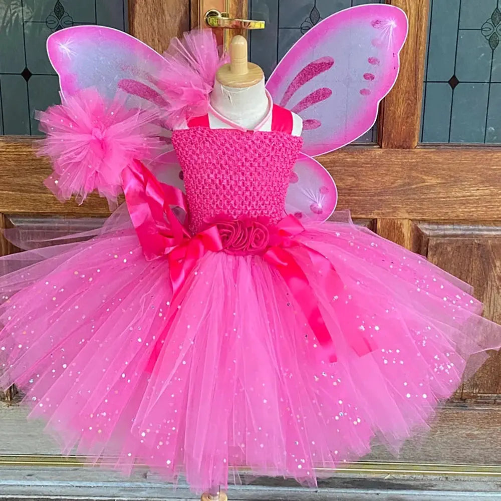 Girls Pink Glitter Tulle Fairy Dress with Wings & Accessories Sparkling Chamber