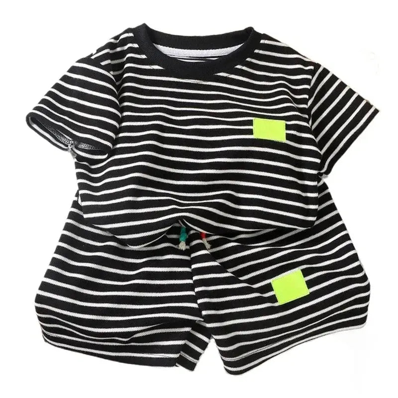 2Pcs Kids Striped Tee & Shorts Set - Black and White Summer Outfit Sparkling Chamber