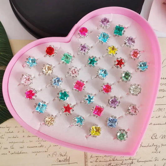 12/36PCS Adjustable Kids Crystal Rings – Heart, Star, Square Shapes Sparkling Chamber