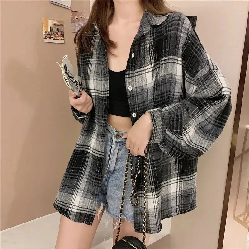 Plaid Long Sleeve Shirt for Women – Vintage Loose Fit Sparkling Chamber