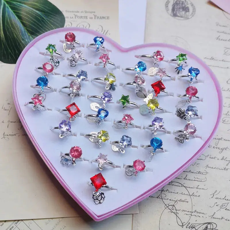 12/36PCS Adjustable Kids Crystal Rings – Heart, Star, Square Shapes Sparkling Chamber