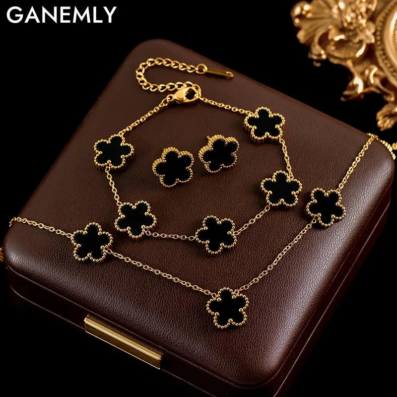 GANEMLY 316L Stainless Steel 4-Color Clover Jewelry Set for Women Sparkling Chamber