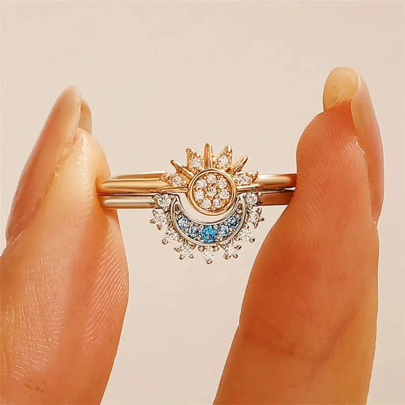 Adjustable Sun & Moon Crystal Ring Set for Women Sparkling Chamber