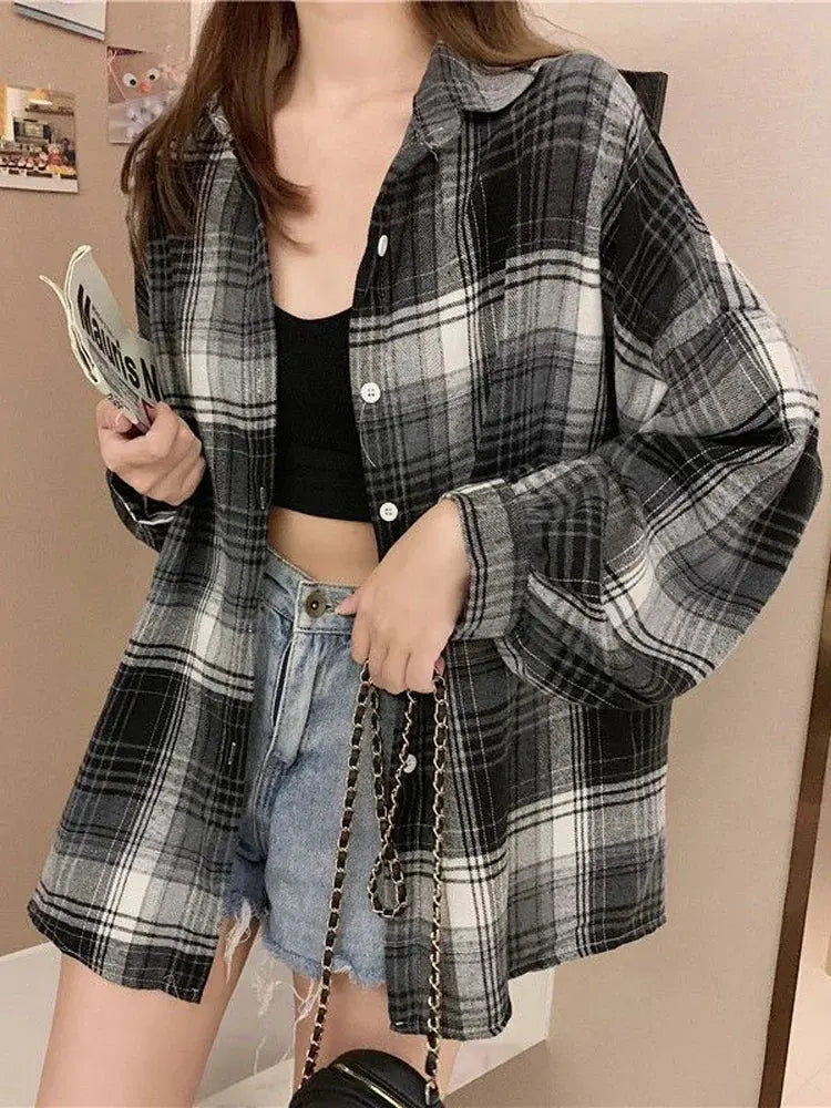 Plaid Long Sleeve Shirt for Women – Vintage Loose Fit Sparkling Chamber