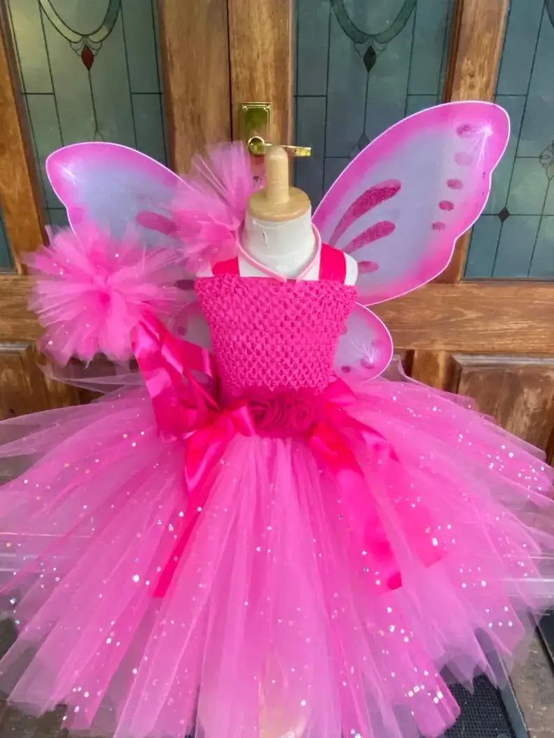 Girls Pink Glitter Tulle Fairy Dress with Wings & Accessories Sparkling Chamber