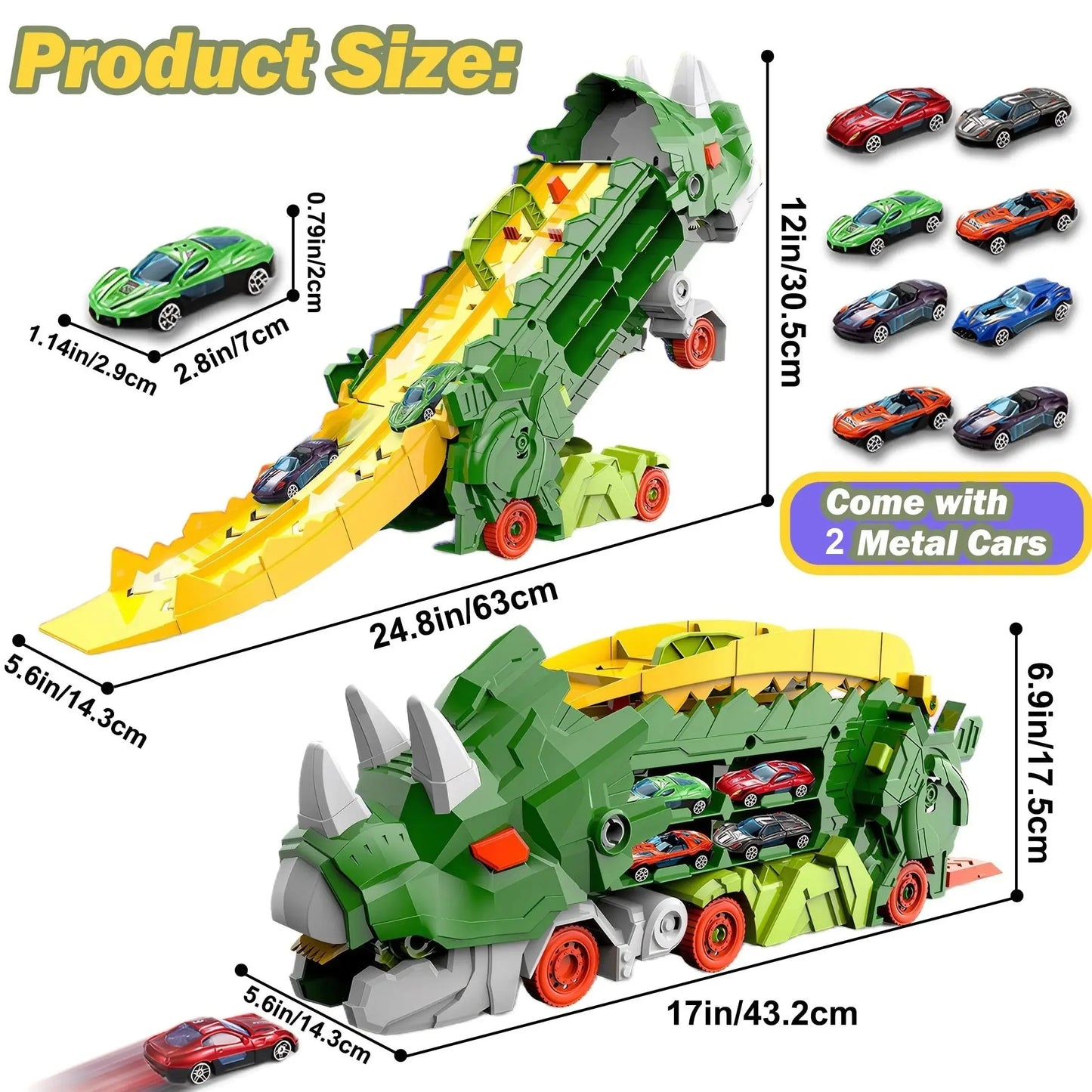 Folding Dinosaur Transporter Car Toy with 2 Die-Cast Cars Sparkling Chamber