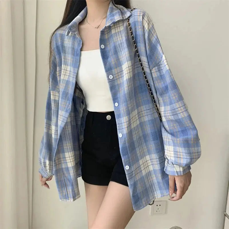 Plaid Long Sleeve Shirt for Women – Vintage Loose Fit Sparkling Chamber