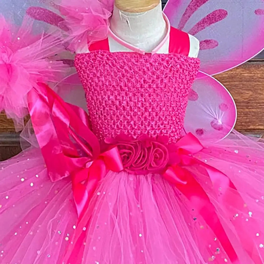 Girls Pink Glitter Tulle Fairy Dress with Wings & Accessories Sparkling Chamber