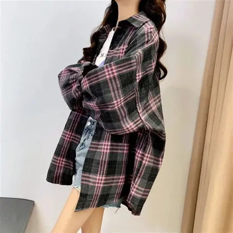 Plaid Long Sleeve Shirt for Women – Vintage Loose Fit Sparkling Chamber