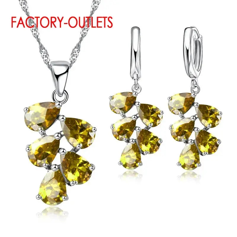 925 Sterling Silver Bridal Jewelry Set, Austrian Crystal Plant Necklace Sparkling Chamber