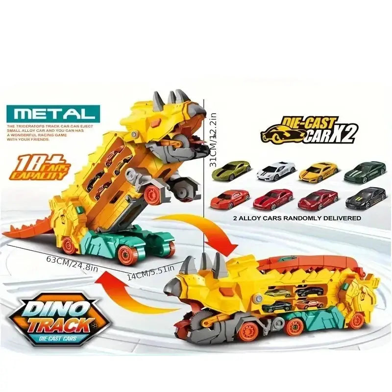 Folding Dinosaur Transporter Car Toy with 2 Die-Cast Cars Sparkling Chamber