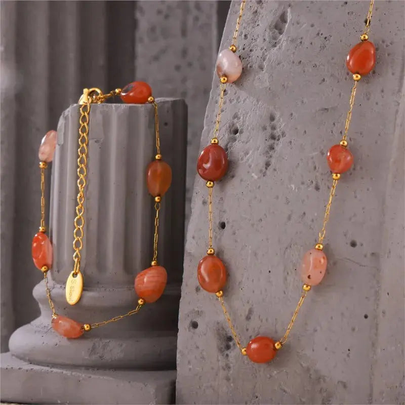 Luxury Natural Agate Stone Bead Stainless Steel Jewelry Set for Women Sparkling Chamber