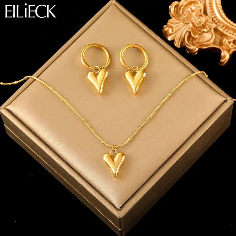 EILIECK Gold Heart Necklace & Earrings Set for Women Sparkling Chamber