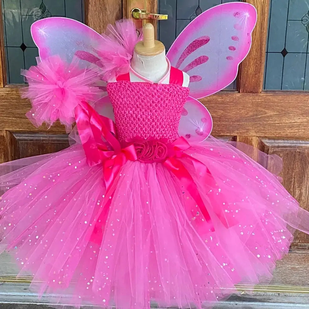 Girls Pink Glitter Tulle Fairy Dress with Wings & Accessories Sparkling Chamber