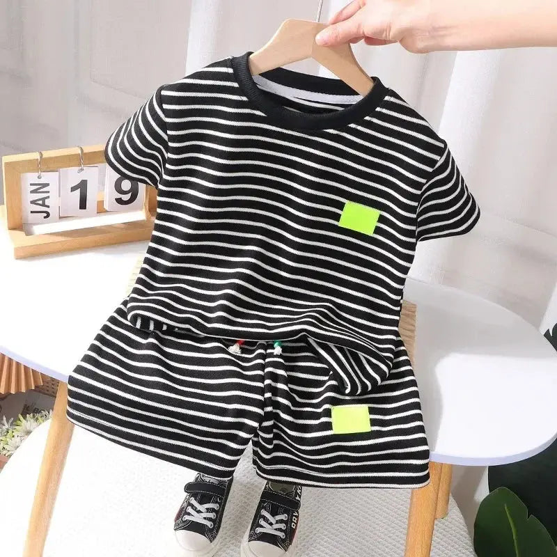 2Pcs Kids Striped Tee & Shorts Set - Black and White Summer Outfit Sparkling Chamber