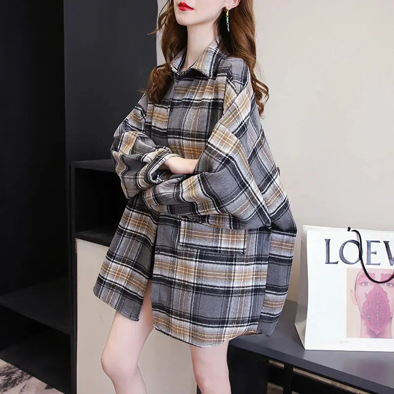 Plaid Long Sleeve Shirt for Women – Vintage Loose Fit Sparkling Chamber