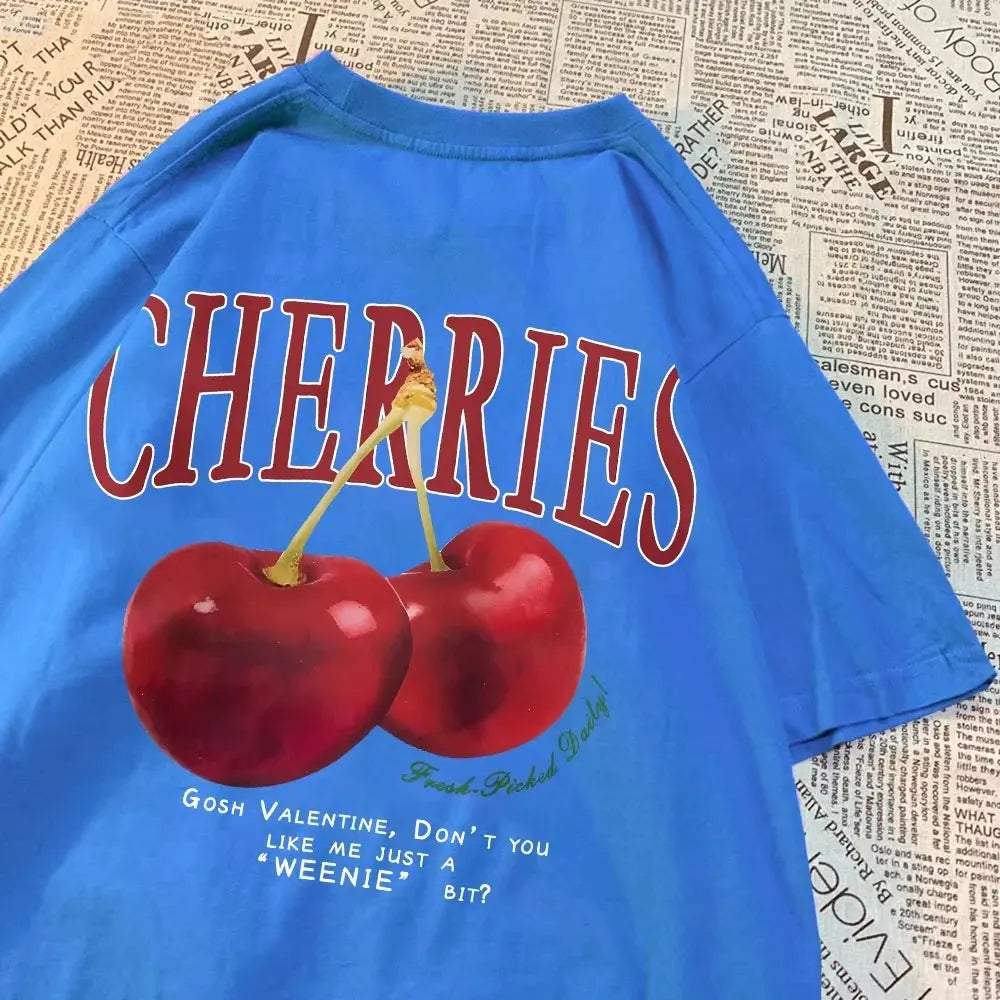 Hand-Picked Cherries Print Oversized Cotton T-Shirt Sparkling Chamber