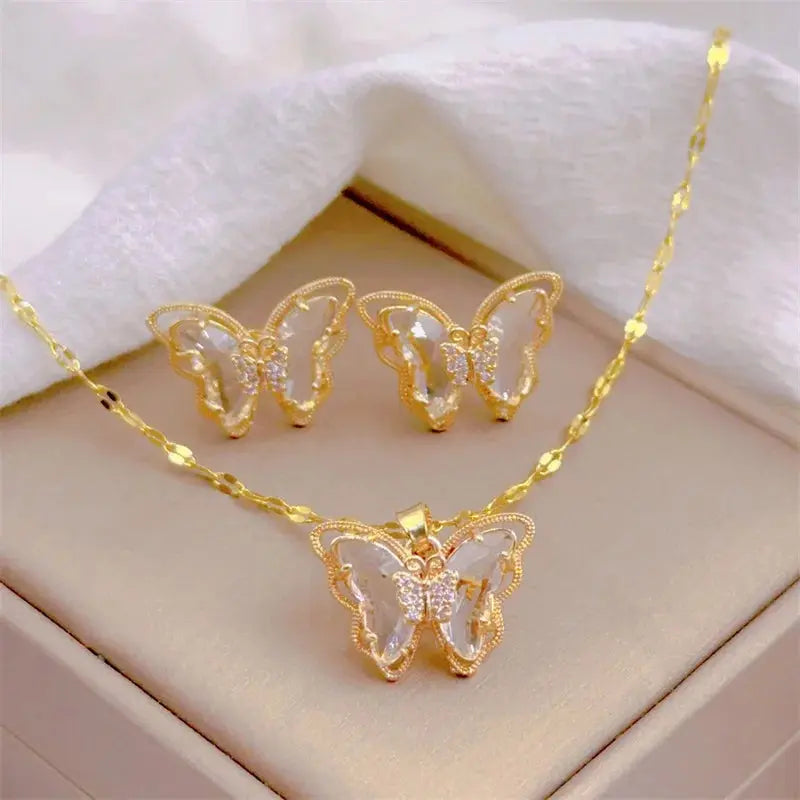 Fashion Butterfly Necklace & Earrings Set - Classic Light Luxury Sparkling Chamber