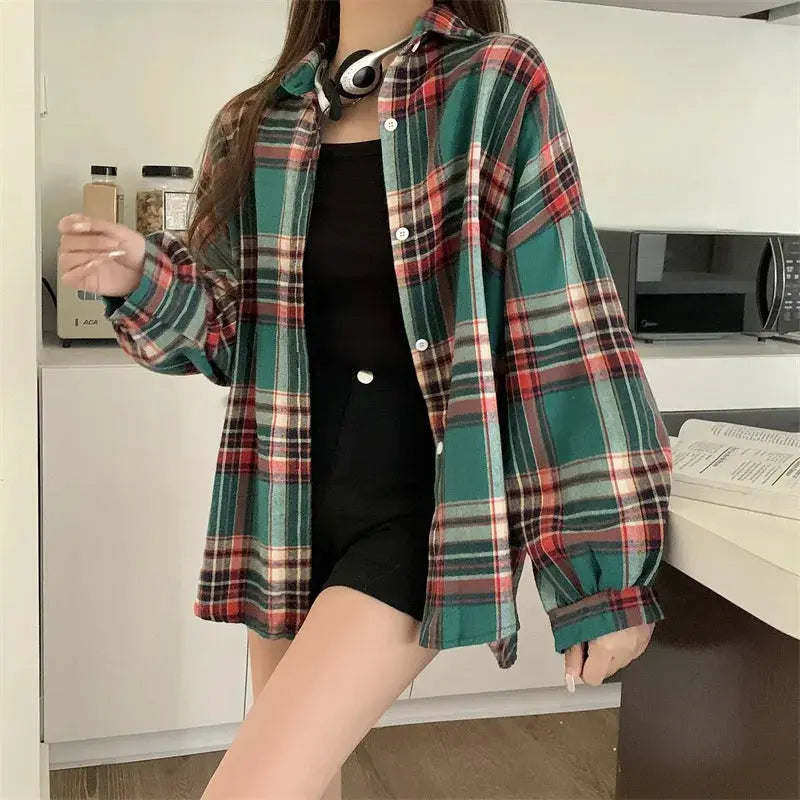 Plaid Long Sleeve Shirt for Women – Vintage Loose Fit Sparkling Chamber