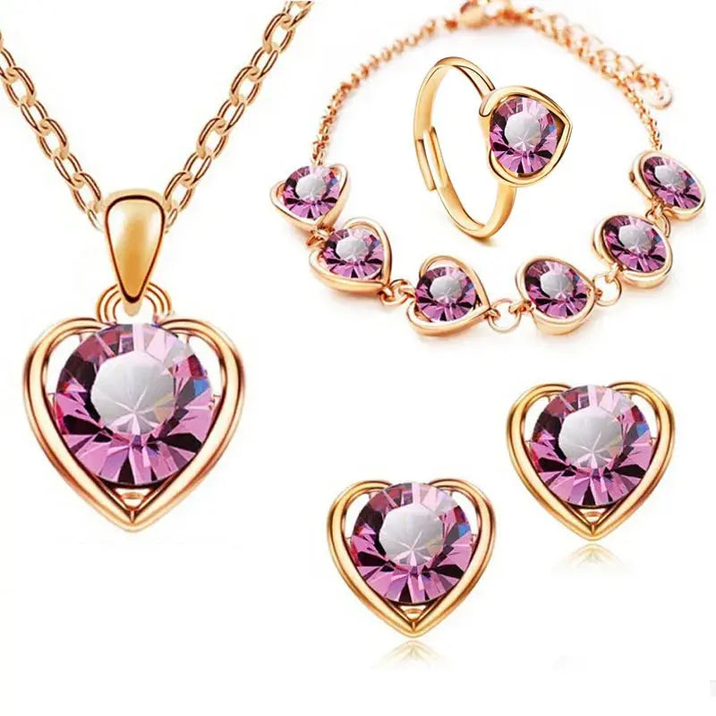 Crystal Heart Bridal Jewelry Set – Necklace, Earrings, Ring & Bracelet Sparkling Chamber