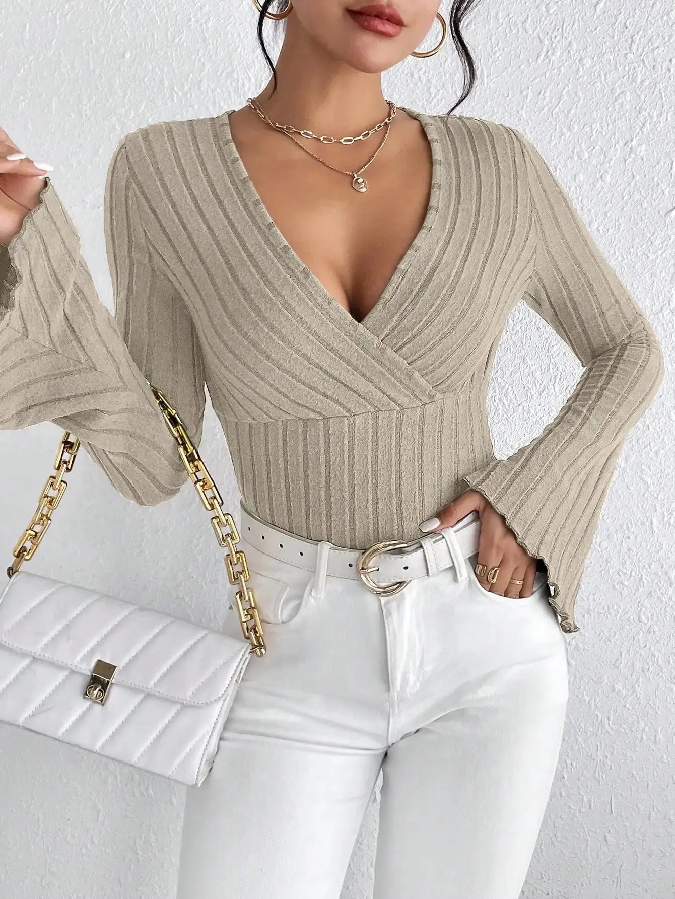 Women's Fall & Winter V-neck Striped Knit Long-Sleeve Top Sparkling Chamber