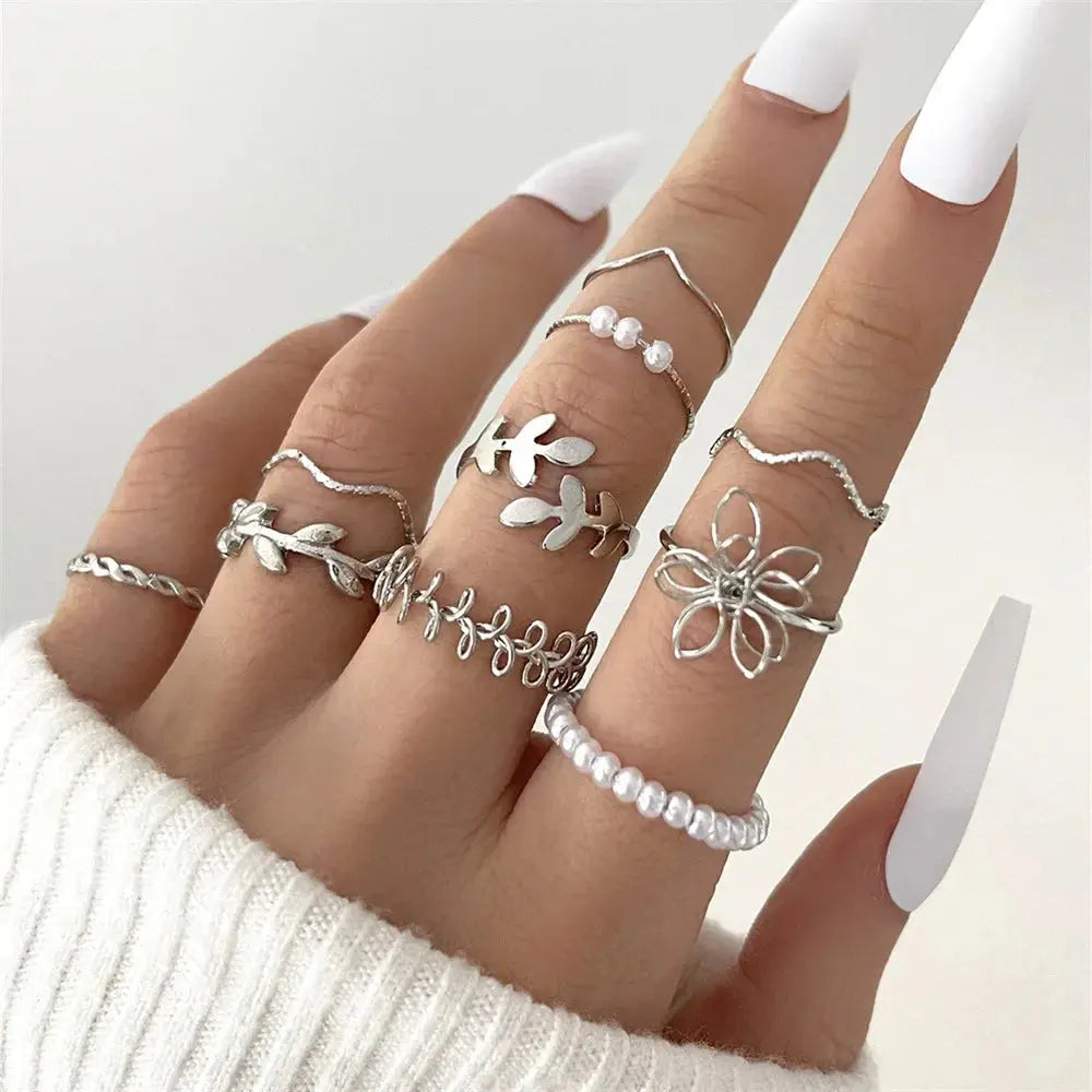 LATS 10Pcs Silver-Color Bohemian Ring Set for Women Sparkling Chamber