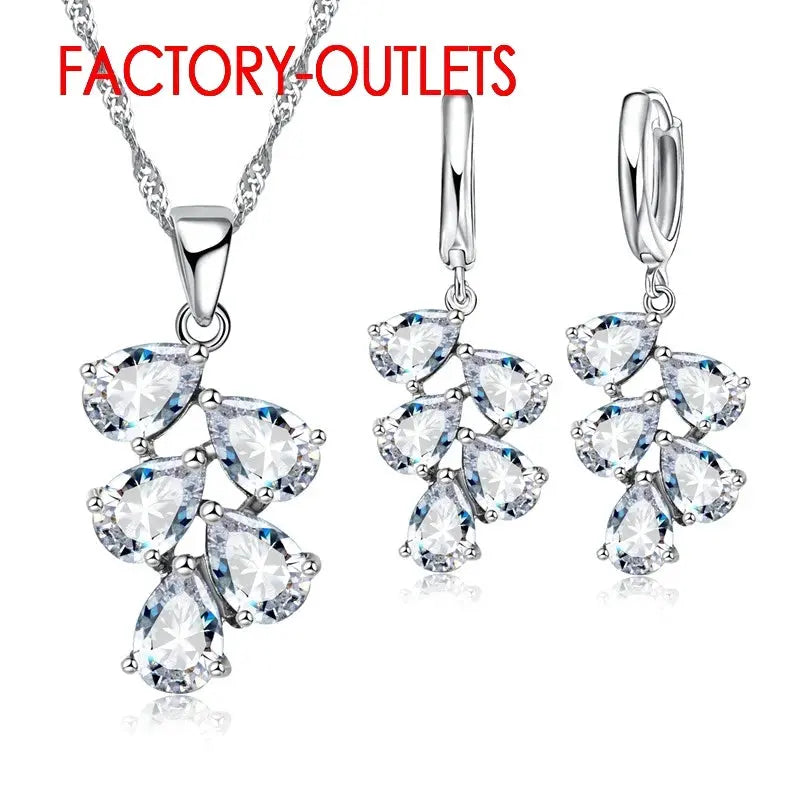 925 Sterling Silver Bridal Jewelry Set, Austrian Crystal Plant Necklace Sparkling Chamber