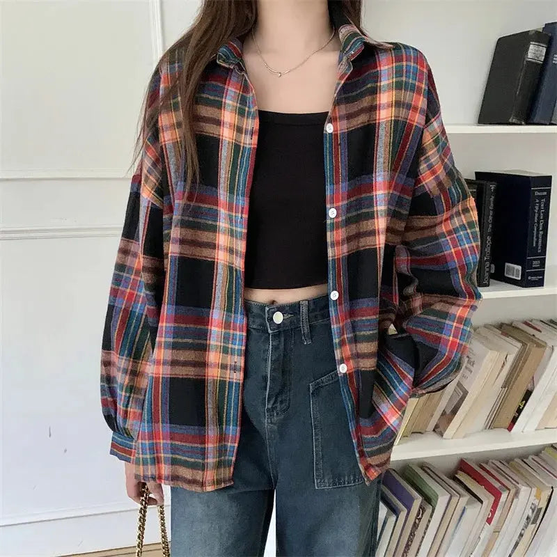 Plaid Long Sleeve Shirt for Women – Vintage Loose Fit Sparkling Chamber