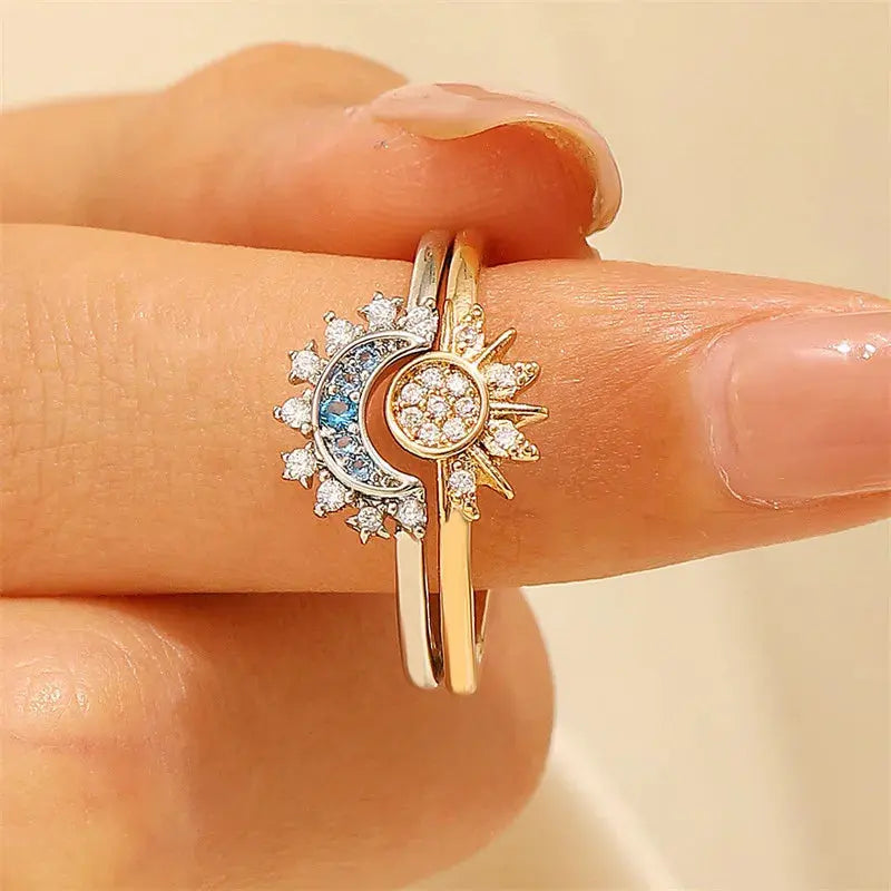 Adjustable Sun & Moon Crystal Ring Set for Women Sparkling Chamber